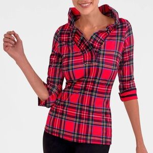 Gretchen Scott Ruffle Neck Top Women’s Size XXL Goddess Duke Of York Plaid Red